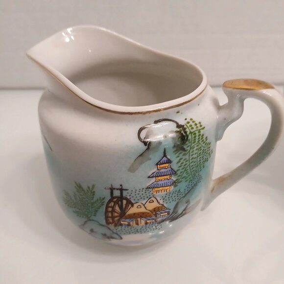 Vintage Nippon Hand Painted China Double Handle Sugar Bowl With Lid & Creamer - Picture 2 of 13